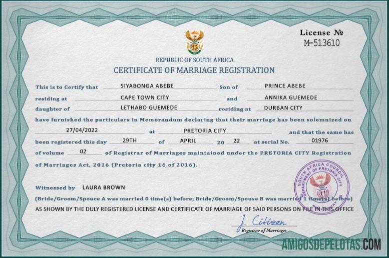 Em branco modelo PSD de certidão de casamento da África do Sul, totalmente editável